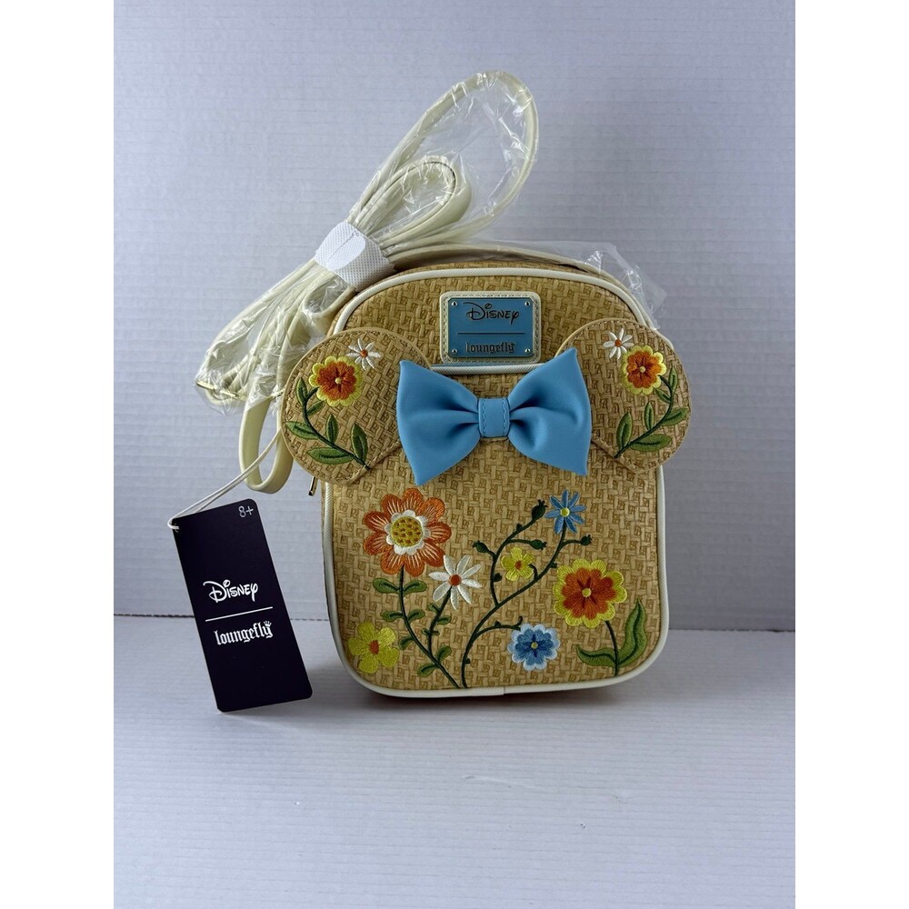 LOUNGEFLY DISNEY MINNIE MOUSE RAFFIA FLORAL BOW CROSSBODY BAG~ TAGS~ BRAND NEW~